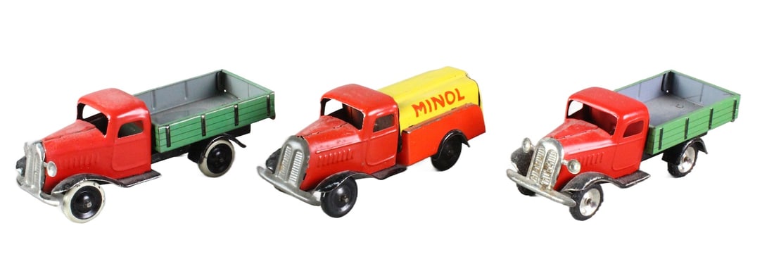 Lehmann Gnom German Tin Trucks: Lehmann Gnom German Tin Trucks. 3 Germany tin trucks 2- 813 and one 835 Minol Tanker.