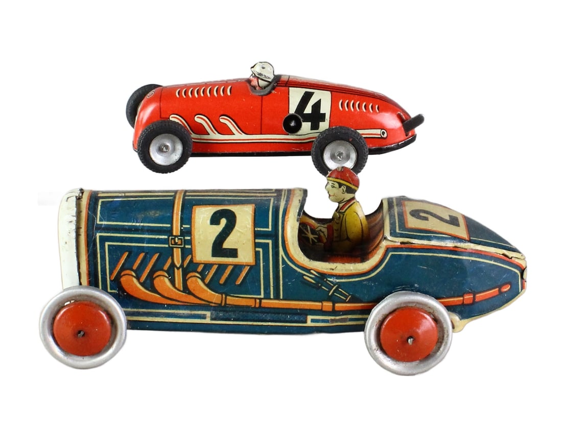 German Tin Litho Race Cars with Drivers: German Tin Litho Race Cars with Drivers. 6 inch Pre-War racer pusher model and small wind up model. Unmarked.