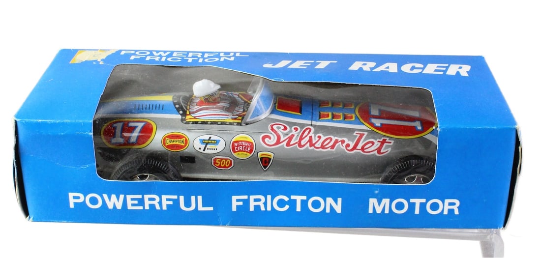 Japan Tin Silver Jet Racer Mint in Box: Japan Tin Silver Jet Racer Mint in Box. Bright tin litho friction race car 10 inches long in complete window box.