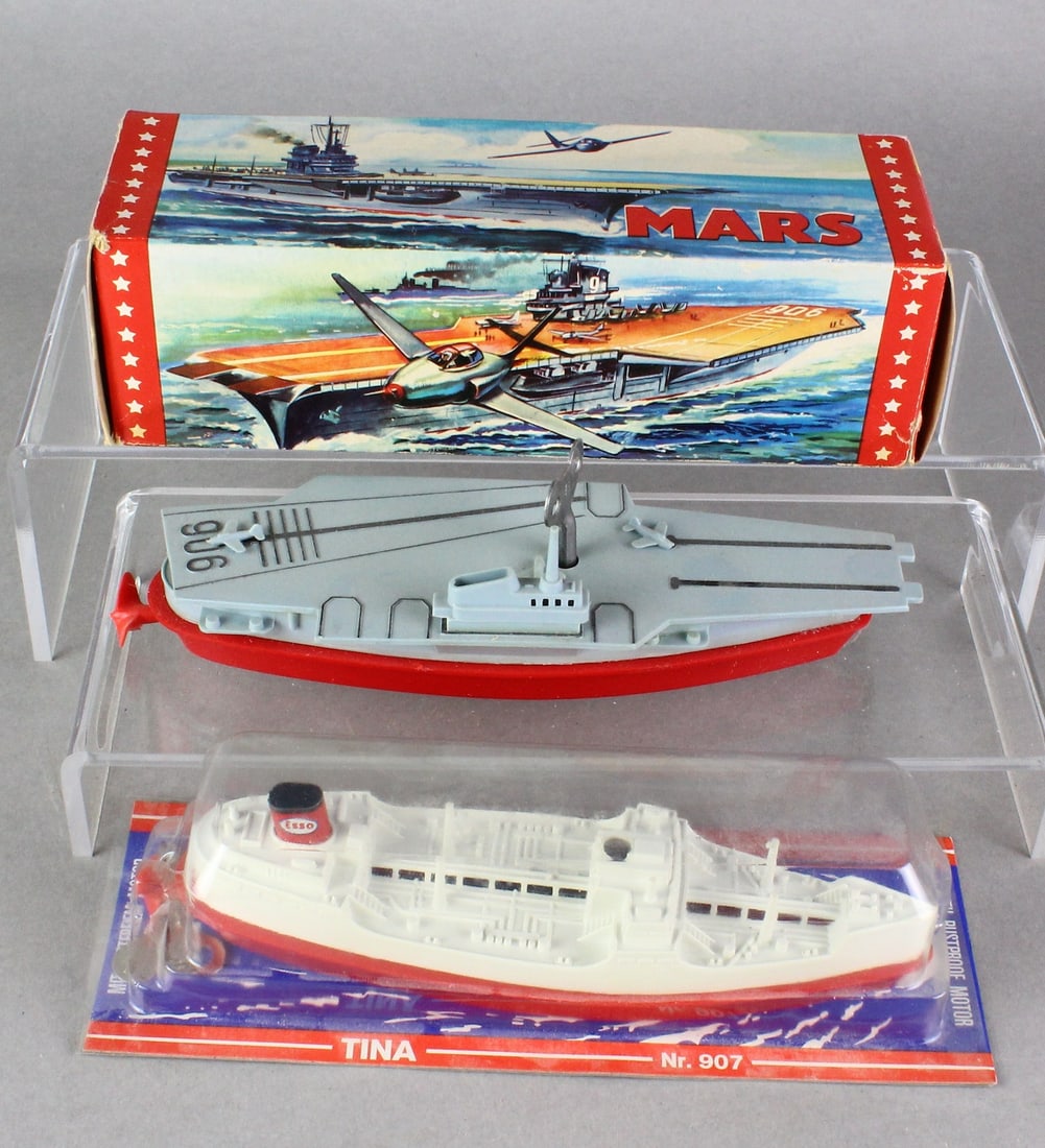 Lehmann Aircraft Carrier & Esso Tanker Ship in Box: Lehmann MARS Aircraft Carrier and Esso Tina Tanker in Box and plastic blister pack. Wind up German toy ships.