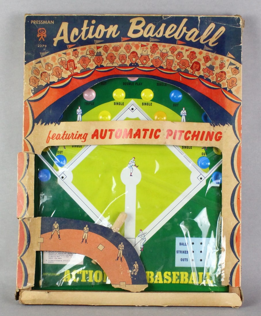 1950s Tin Action Baseball Game in the Box: 1950s Pressmen Tin Action Baseball Game with automatic pitching in the original box. Game appears near mint to mint. Some box separating and wear, but mostly there.