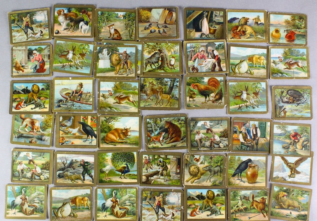 1900s Turkish Trophies Tobacco Cigarette Cards: 1900s Turkish Trophies Tobacco Cigarette card. The Fable series, animals and stories a moral. 42 Chromo-lithograph color Cards.
