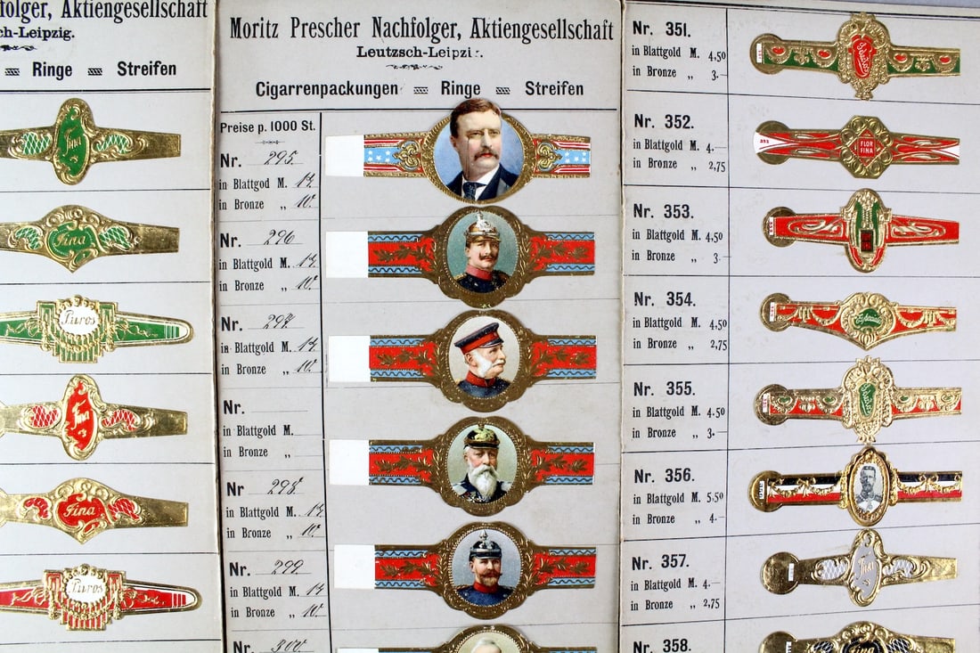 1890s Mint Cigar Bands Wrappers w/Teddy Roosevelt: 1890s Mint Cigar Bands Wrappers w/Teddy Roosevelt. Graphic gold foil cigar wraps in catalog form featuring President Roosevelt, Generals, Royal Figures, and Art Nouveau designs. Moritz Prescher Nachfo