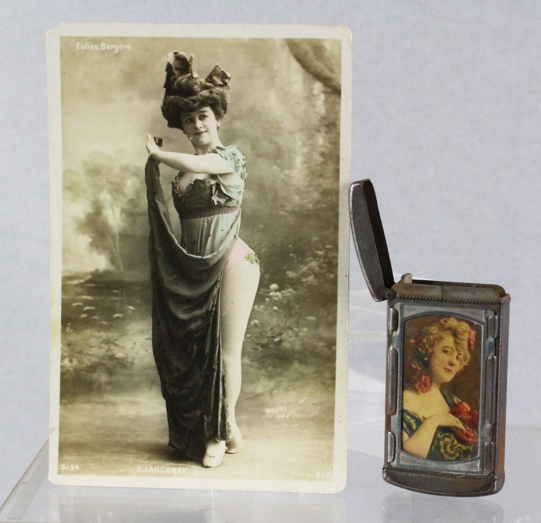 1890s Risque Cigarette Lighter &Folies Bergere: 1890s Risque Cigarette Lighter &Folies Bergere Pin up hand colored photograph.