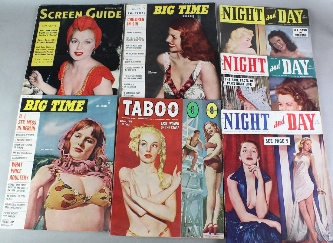 1940s Girlie Magazines Taboo, Night & Day, Big Time & Joe Dimaggio: 1940s Girlie Magazines - 7 issues Taboo, Night & Day, Screen Guide, Big Time. Crime, Pin-up Girls, Baseball and other sports and one issue with Joe Dimaggio working out.