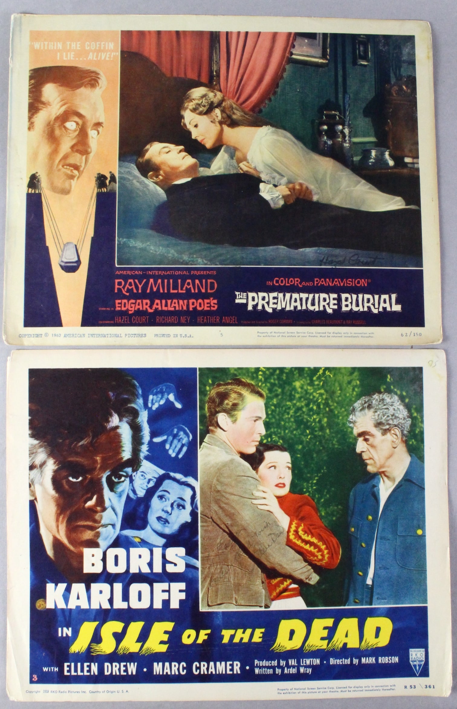 Signed Horror Movie Lobby Cards. Isle of the Dead- Boris Karloff & Premature Burial: 1960s Signed Horror Movie Lobby Cards. Boris Karloff in Isle of the Dead- signed by Ellen Drew.. The Premature Burial with Ray Milland and signed by Actress Hazel Court.