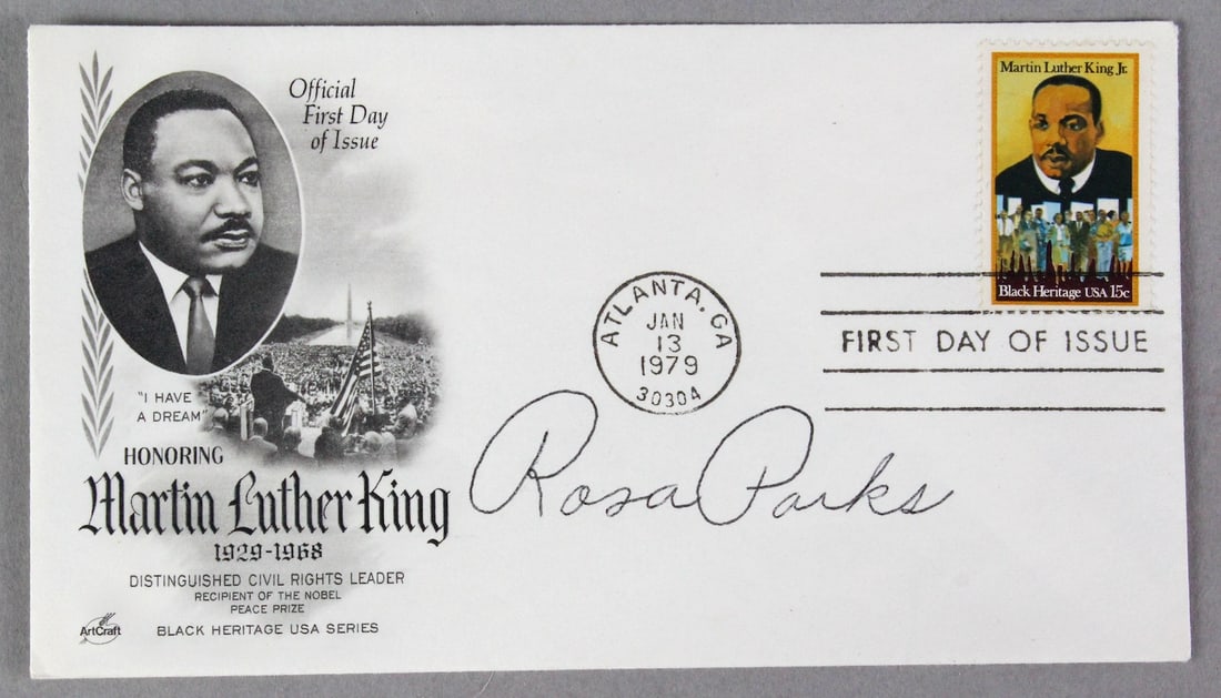 Signed Rosa Parks FDC of Martin Luther King Jr.: Signed Rosa Parks FDC of Martin Luther King Jr. Atlanta Georgia 1979 First Day Cover honoring Martin Luther King Jr. signed prominently by Rosa Parks. Guaranteed signature, pristine postal card.