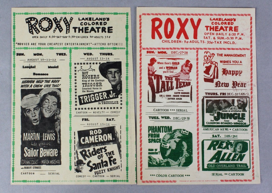 1950s Black Roxy Segregated Theatre Movie Bills Jim Crow Florida: Roxy Lakeland's Colored Theatre original movie playbills c. 1953. The Roxy in Lakeland Florida was a theater serving Black audiences during the era of segregation. Features Jerry Lewis Movie, Cowboy M