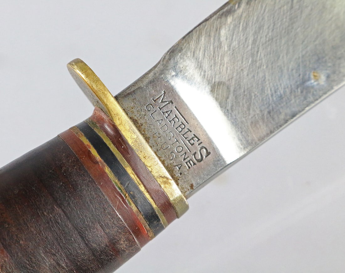 Marbles Gladstone Knife w Orig Sheath: Marbles Gladstone Knife w Orig Sheath, 9", 5" blade 1930's