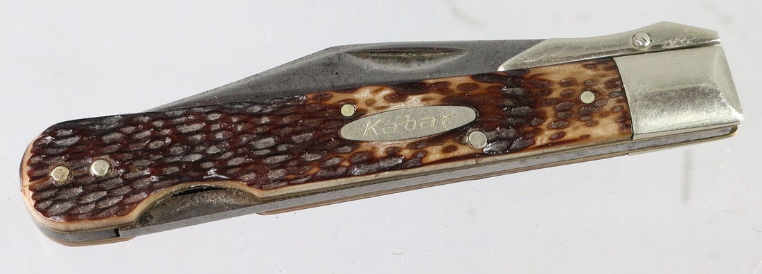 Kabar Swing Guard Stag Lock Blade 1950's: Kabar Swing Guard Stag Lock Blade 1950's, 4 1/4 closed, 3 1/4 blade