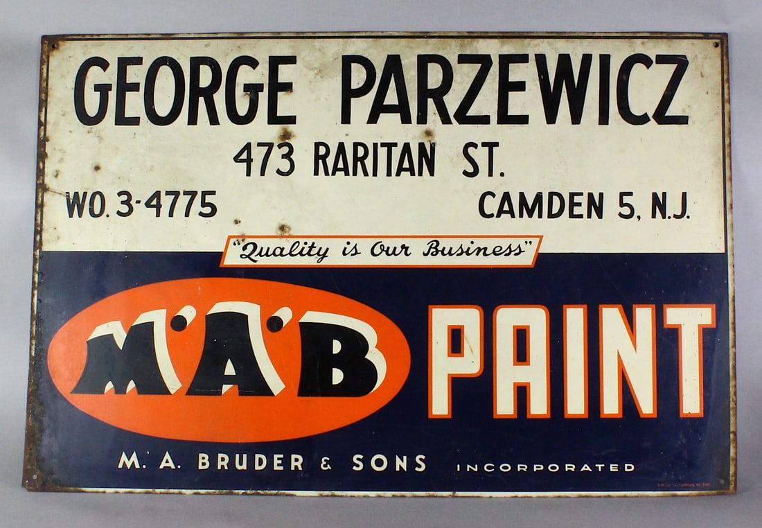 Vintage MAB Paint Advertising Metal Sign Camden NJ: Original Vintage MAB Paint Advertising Metal Sign Camden NJ. Metal early M.A. Bruder paint sign 24 x 34 1/2 inches.