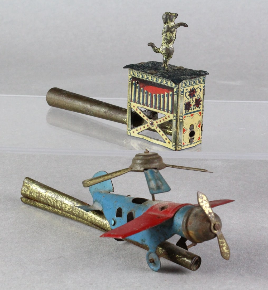 German Tin Penny Toy Whistles Dog & Autogyro Airplane (1 of 3)