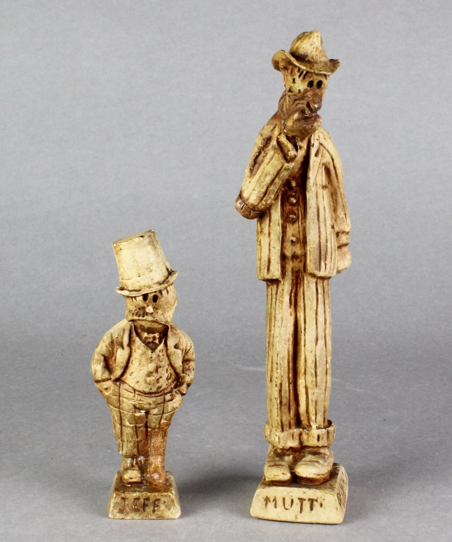 1910 Fisher Mutt & Jeff Comic Character Figures: Scarce Fisher 1909 - 1910 Mutt & Jeff comic figures by Bud Fisher-Dyas Sales Co. Flatiron Bldg New York, 9 1/2 inches tall and 5 3/4 inches tall.