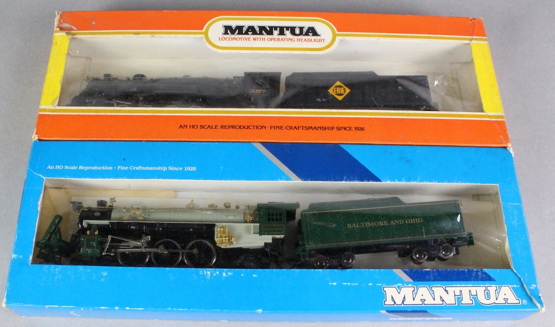 HO Mantua Berkshire Erie & Atlantic B&O Locomotive: HO Mantua Berkshire Erie #3377 & Mantua President Washington Atlantic 4-4-2 Baltimore & Ohio Locomotive in box. Baltimore needs front cow catcher section reattached otherwise fine.