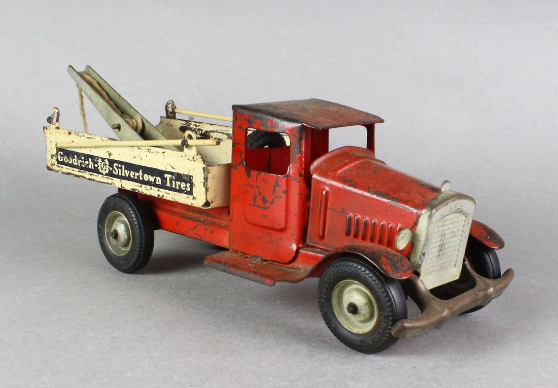 1930s Metalcraft Goodrich Silvertown Wrecker Truck: 1930s Metalcraft Goodrich Silvertown Wrecker Truck 12 inches long.