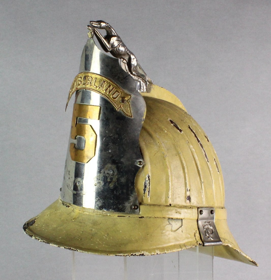 Cairns Greyhound Dog Finial Fire Helmet: Jockey Style Cairns Greyhound/Whippet Dog Finial Firemen's Helmet. Cumberland PA #5.