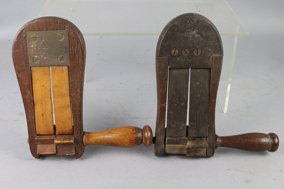 1890s Wooden Fire Fighter Watchman's Rattle Alarm-Pair: 1890s Wooden Fire Fighter Watchman's Rattle Alarm, 2, one marked station 4, Double Reed 7x8 Inches