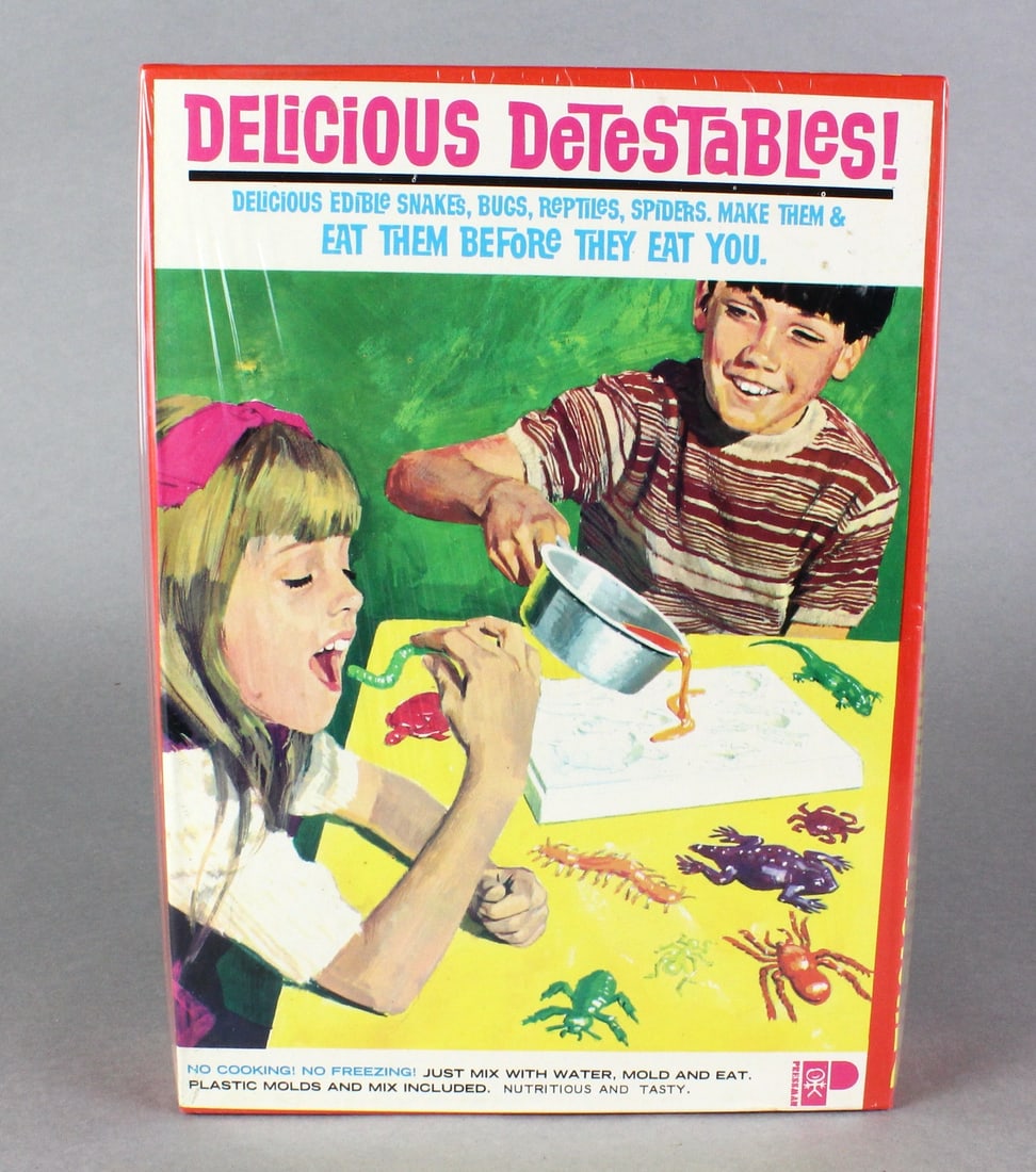 1960s Delicious Detestables Edible Insects MIB!: 1960s Pressman Delicious Detestables Edible Insects Mint in Original Sealed box. Baby Boomer edible insect toy maker with molds. Delicious edible snakes, bugs, reptiles and spiders. Make them and eat
