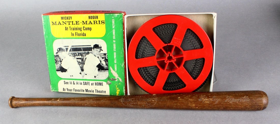 Mickey Mantle Original Mini Bat &Mantle Maris Film: Mickey Mantle Original Mini Hillerich anbd Bradsby Bat & Mantle Maris Film at Florida Training Camp. Columbia Pictures 8MM film in excellent condition.