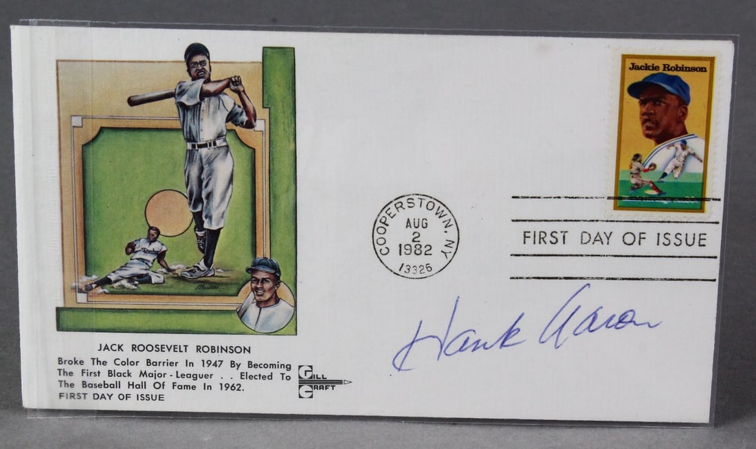 Hank Aaron Signed FDC of Jackie Robinson: Hank Aaron Signed First Day Cover envelope of Jackie Robinson. Excellent condition with clear signature c.1982.