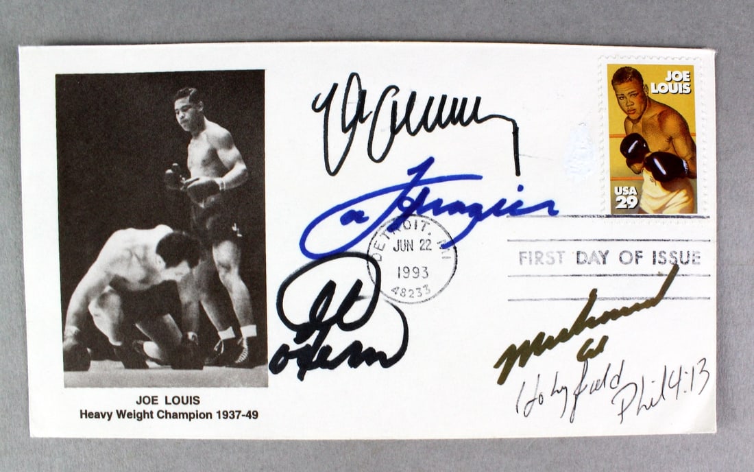 Muhammad Ali, Joe Frazier, Holyfield Signed FDC: Muhammad Ali, Joe Frazier, Evander Holyfield Signed Joe Lewis FDC. First Day Cover with the boxing champion signatures. 2 unknown signatures on card.
