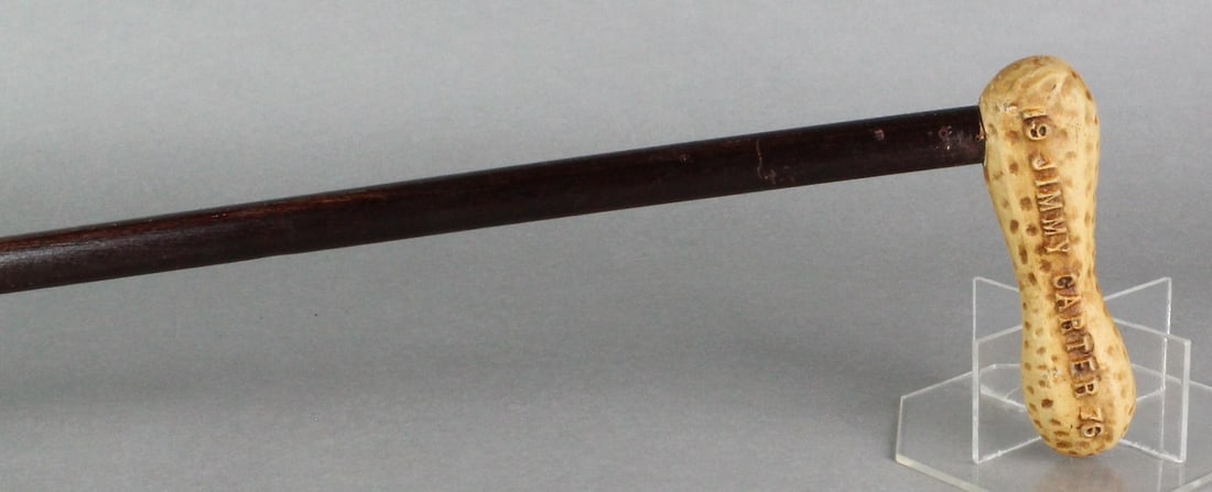 1976 Jimmy Carter Peanut Walking Stick Cane: 1976 Jimmy Carter Peanut Walking Stick Cane. Original 1976 Jimmy Carter for President cane with Peanut shaped handle and the 19 Jimmy Carter 76 on one side and 19 For President 76 on the other side.