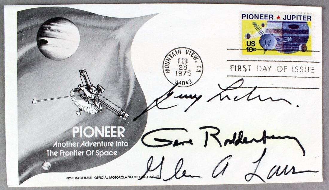 Star Trek Signed FDC Roddenberry &&: Star Trek Signed FDC. First Day Cover of Pioneer Jupiter by Gene Roddenberry, Glen Larson, and one more.