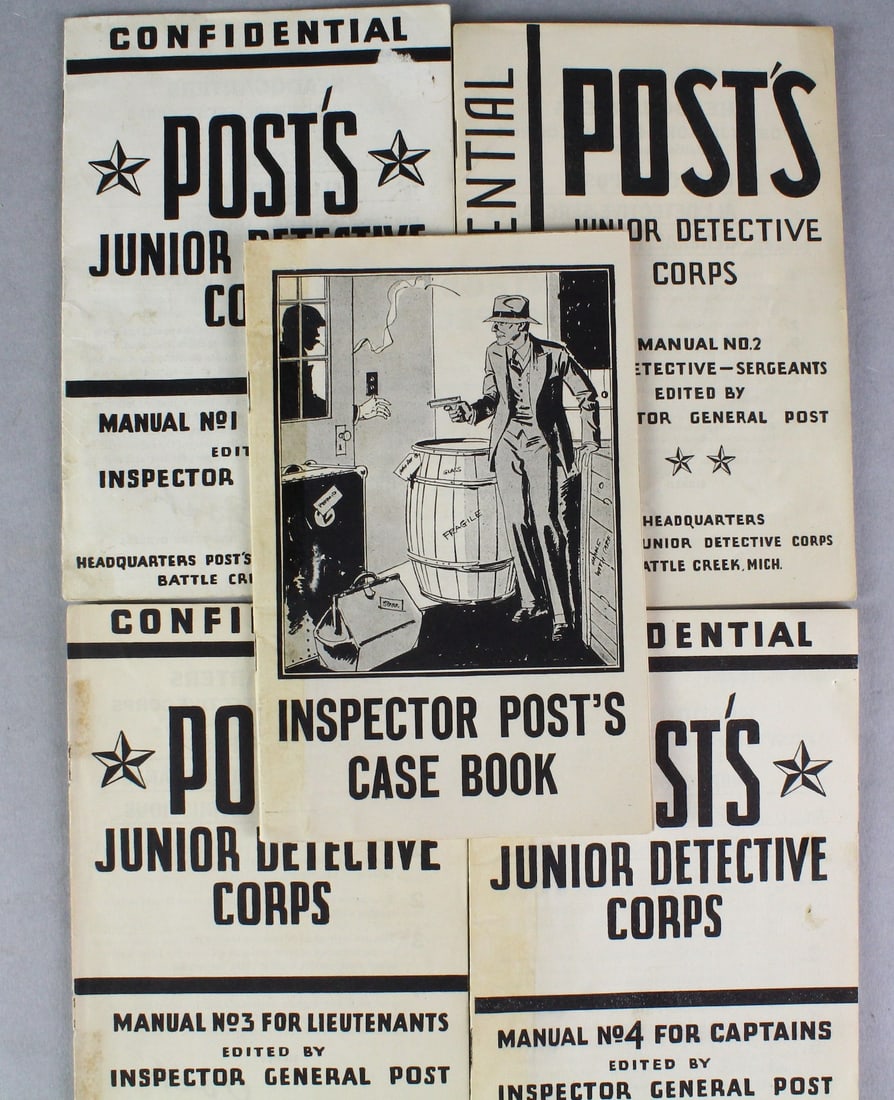 1930s Post Cereal Junior Detective Kit Premium: 1930s Post Cereal Junior Detective Kit Premium. Post's premium of G-Men and Junior Detectives Corps cast book, instructions, Confidential material, and Officer rank manuals.
