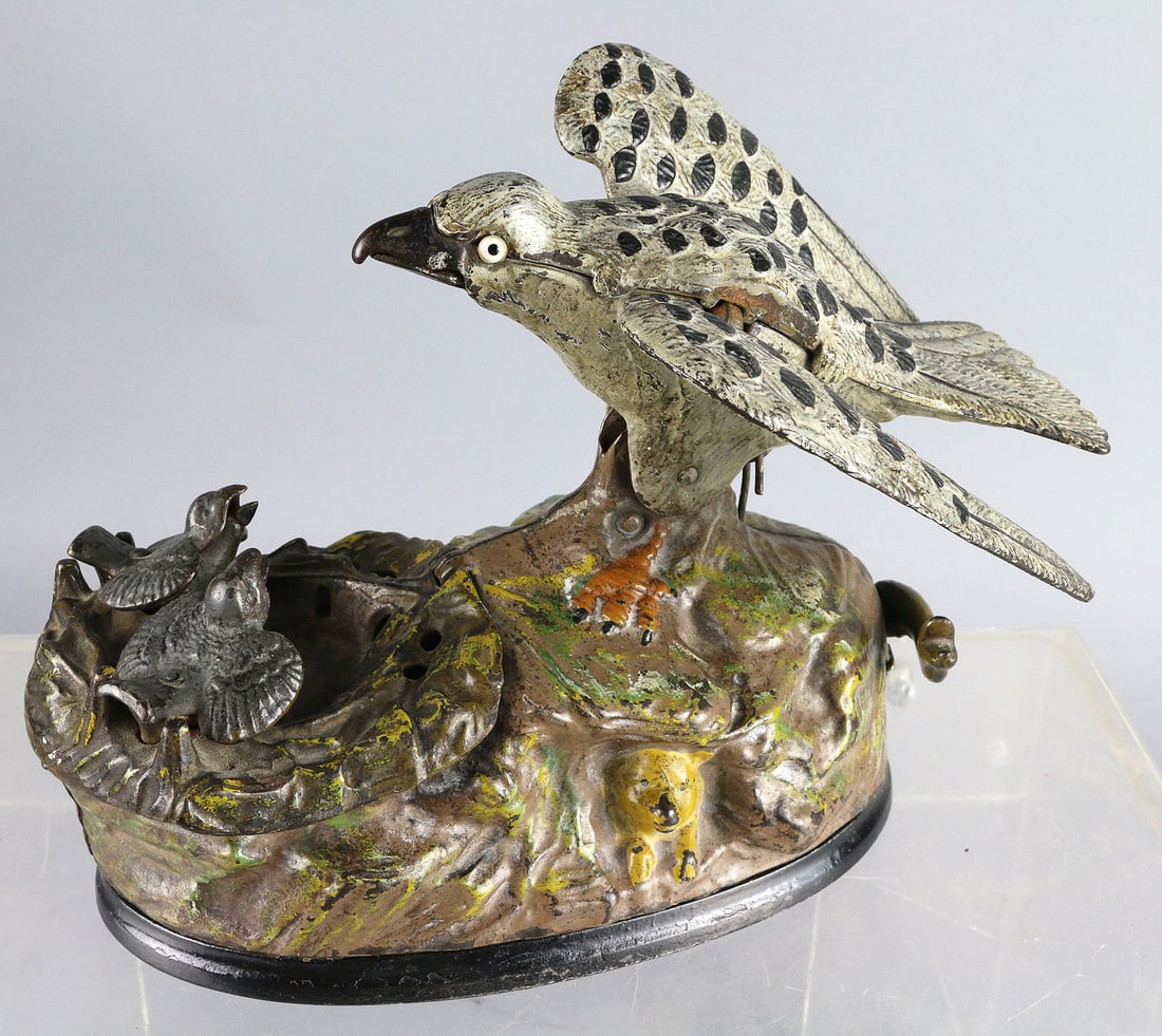 JE Stevens Eagle and Eaglets Mechanical Bank: JE Stevens Eagle and Eaglets Mechanical Bank, cast iron, 8"