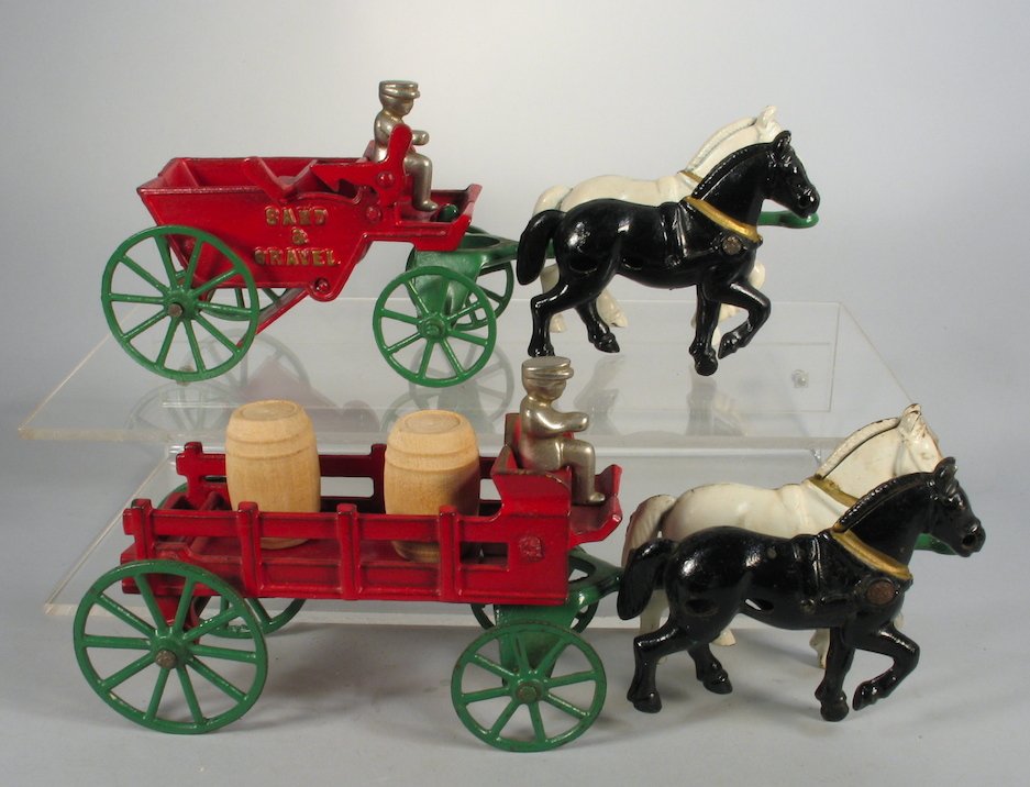 2 Kenton Horse and Wagons Delivery & Sand and Gravel: Kenton working sand and gravel tip wagon and Kenton delivery dray, both with 2 horse teams and drivers. Measure 11 inches long.