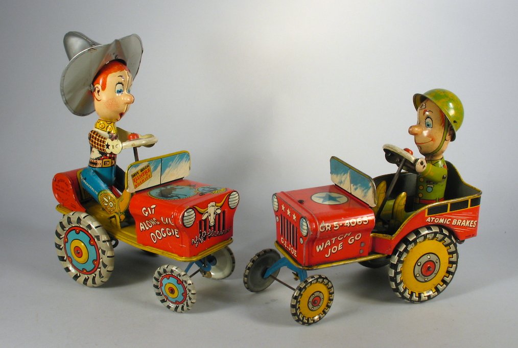 Pair of Unique Art Crazy Cars Rodeo Joe & G.I. Joe: Tin wind up action cars by Unique Art. Measure 7 inches long. Fun toys with great tin lithography. Both worked when tested.