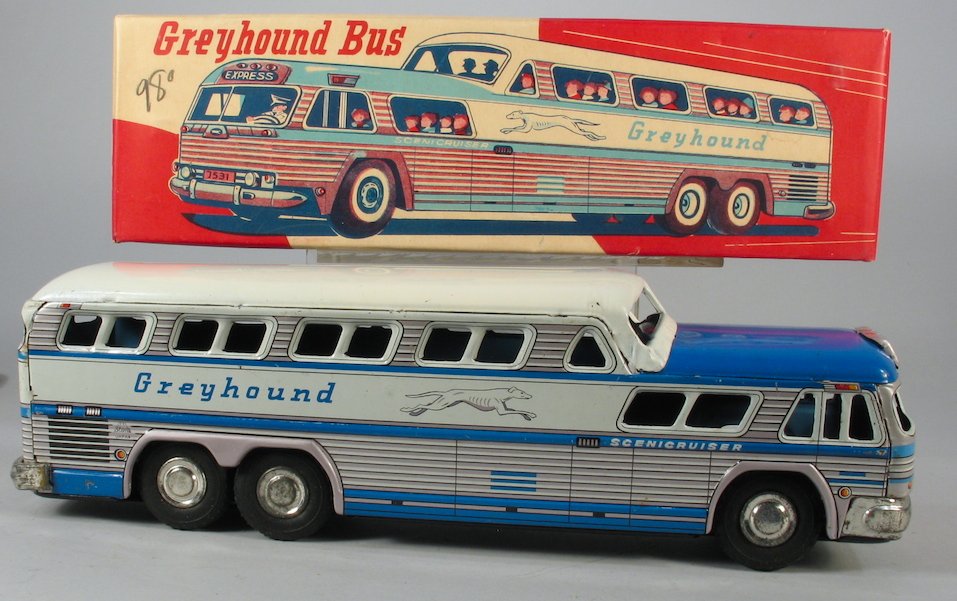 Greyhound Bus Scenicruiser In Box: Japan tin "Stone" Greyhound Bus Scenicruiser In Box. Measures 10 1/2 inches long.
