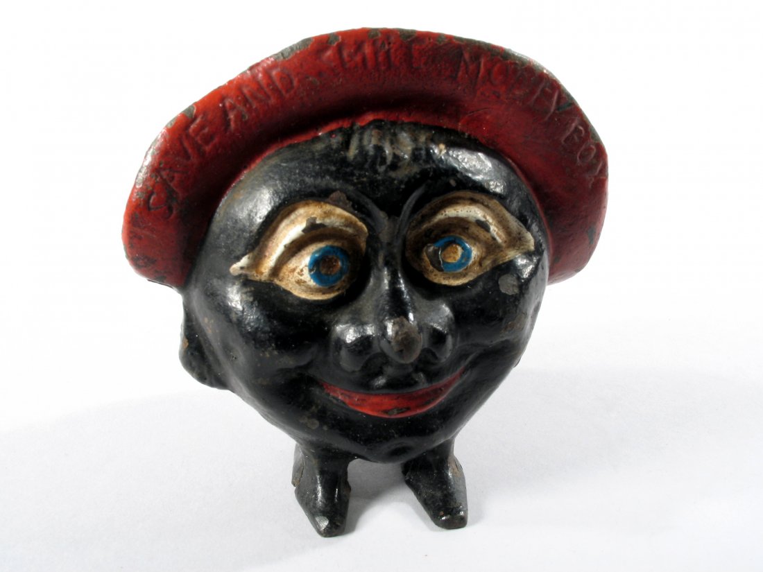 Sydenham & McOustra English - Blackface Cast Iron: Blackface Cast Iron Bank, Save and Smile Money Box. Sydenham & McOustra English - c. 1910
