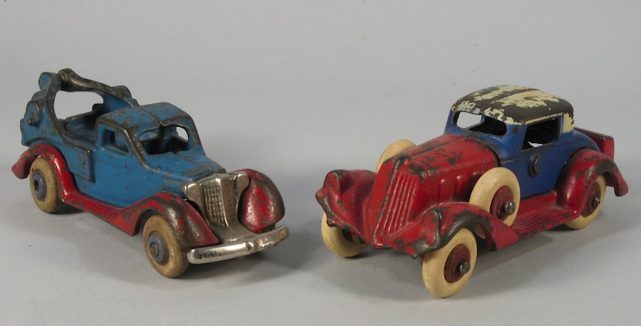 Cast Iron Tow Truck and Tri-Tone Coupe: 1930s Cast iron Chevy Wrecker with nickel grille and LaSalle? Coupe. Arcade and Williams. Longest is 5 1/4 inches long.