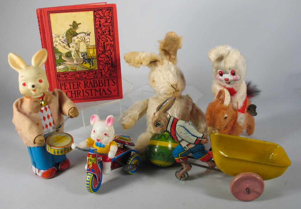 Rabbit Toy Group Marx, Japan & Peter Rabbit: Marx Peter Rabbit, Japan tin drumming rabbit, Rabbit on trike, Rabbit on pony, and stuffed rabbit toy.