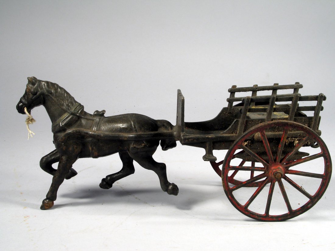 Wilkins/ Ives Horse Cast Iron Drawn Cart: Wilkins/ Ives Horse Cast Iron Drawn Cart, 10' long, no driver