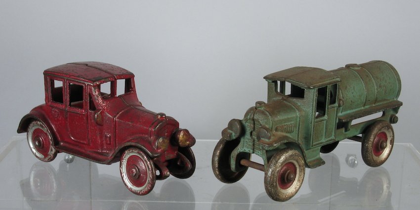 Kenton Cast Iron Tanker & Red Coupe: Kenton Cast Iron Tanker truck & Red Coupe. Measure 5 to 5 1/2 inches long.