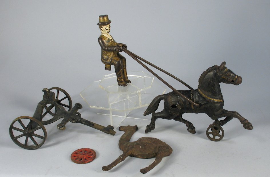 Cast Iron Parts Lot Early Driver: Parts Lot of Early Cast Iron with large scarce driver Carpenter?