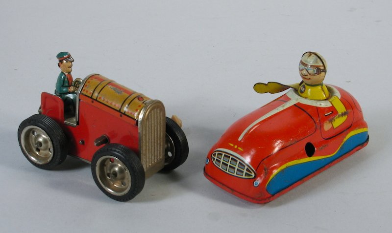 German Tin Car Toy Lot Huki & Gama: Post War tin wind up Huki car with waving man and Gama US Zone Germany Tractor. Measure at 2/12 to 3 1/2 inches long.
