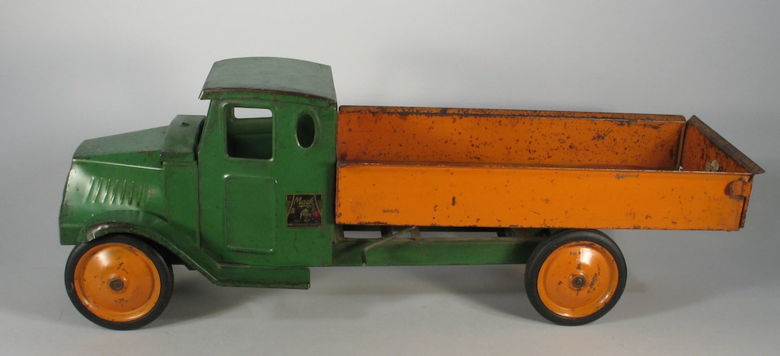 1929 Steelcraft Mack Dump Truck: 1929 Steelcraft Mack Dump Truck Pressed Steel Original Truck. Measures 24 inches long.