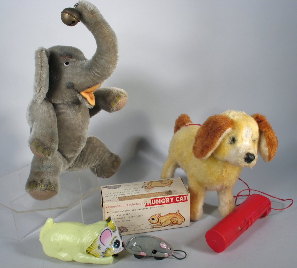 3 Japan Toys- Cat Chasing Mouse in Box, Dog, Eleph: 3 Japan Toys- Cat Chasing Mouse in Box, Dog, and plush Elephant. Cat toy works perfectly. Dog is untested. Elephant measures 8 inches long.