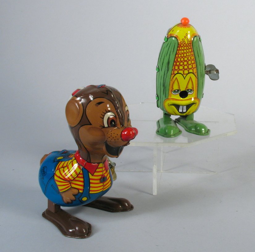 Marx Linemar Japan Tin Walking Corn & Squirrel: Linemar Japan Tin Walking Corn & Squirrel wind ups. Measure 4 1/2 inches tall.