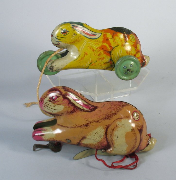J. Chein Tin Toy Lot of 4: Chein wind up tin chicks and rabbits, 4 early tin toy wind ups. Longest is 4 1/2 inches.