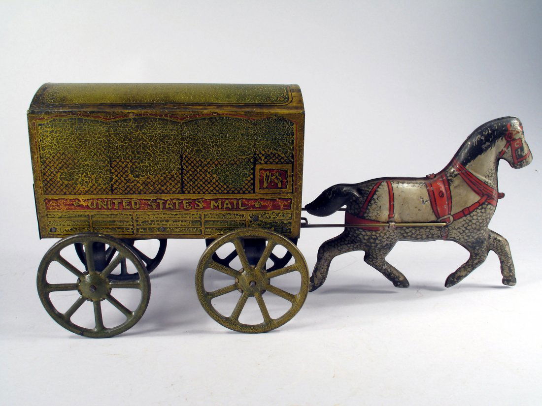 Morton and Converse Mail Wagon: Morton and Converse Mail Wagon, early 1913, tin and wood litho, 14" long