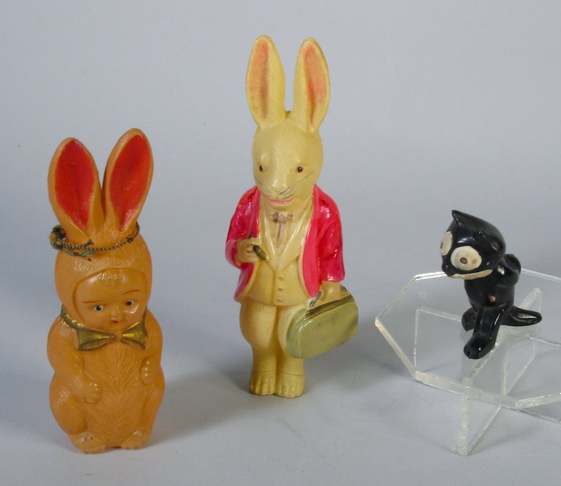 Japan Celluloid Felix, Smoking Rabbit, Bunny Baby: Japan Celluloid Felix the cat, Cigar Smoking Rabbit, and Bunny Baby. Tallest 4 inches.
