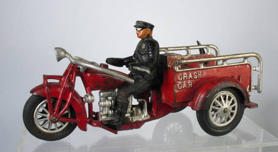 Large Hubley Cast Iron Crash Car Motorcycle & Rider: Large Hubley Cast Iron Crash Car & Rider. Great large scale Hubley Indian Motorcycle Crash Car with driver. Areas of overpaint but great looking huge size cycle car. Missing hose spool and hammer tool