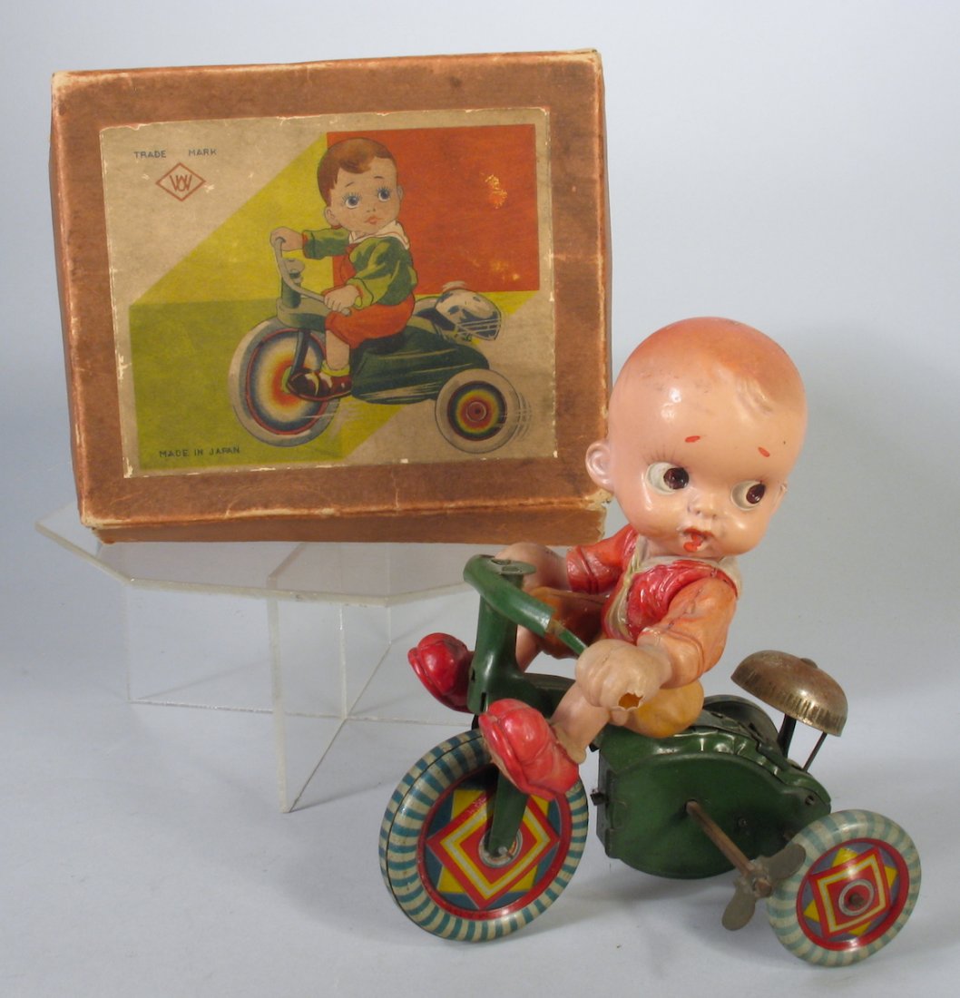 Japan Tin and Celluloid Tricycle Rider in the Box (1 of 3)