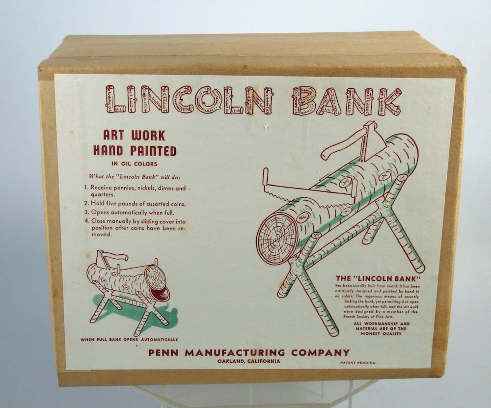 Lincoln Mechanical Bank MIB Mint Unopened: Lincoln Bank MIB Mint Unopened. Penn Manufacturing Company of Oakland, California- Lincoln Bank. MIB Mint Unopened, seal never broken. Saw pops open the log when it is full.