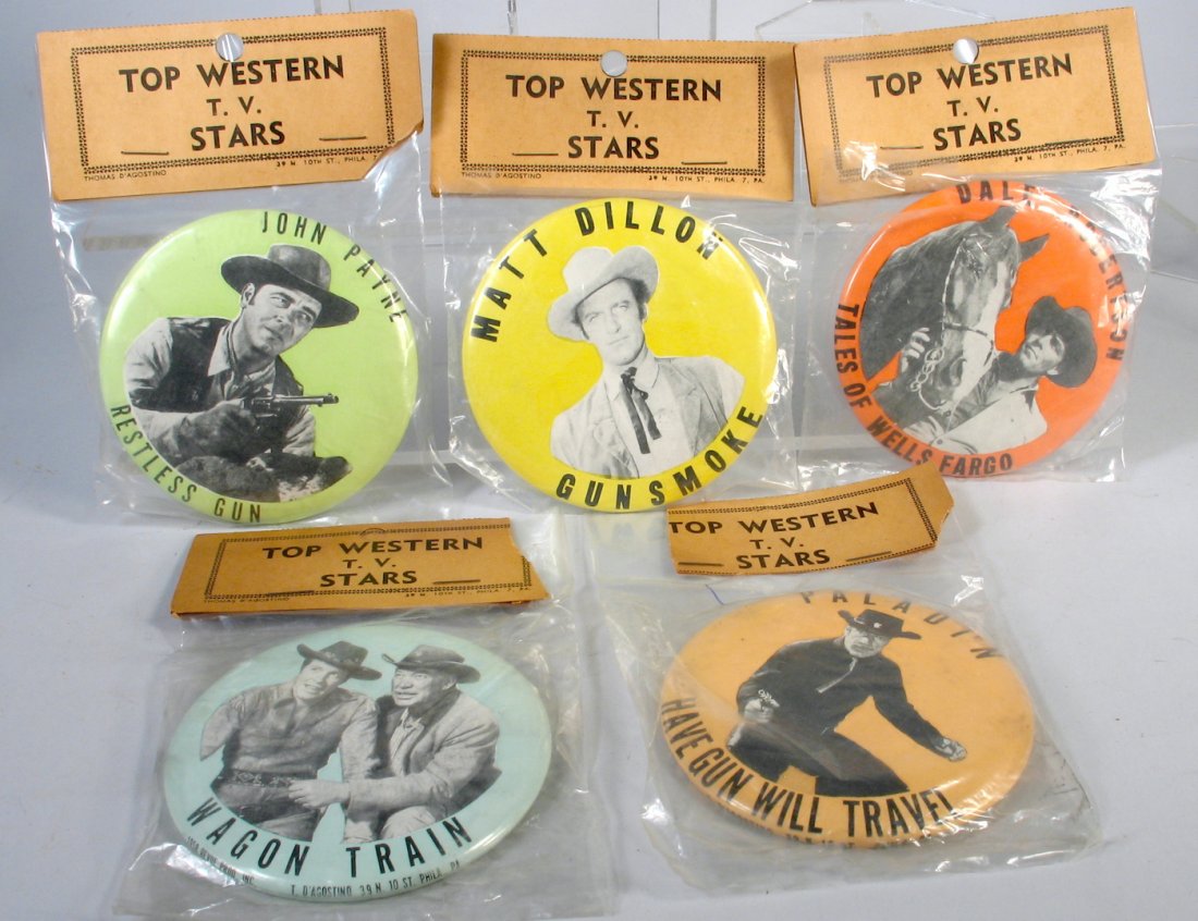 Warehouse Find Western TV Star Mint Pinbacks: Top Western TV Stars pinbacks in the original package. Mint old store stock featuring Matt Dillon- Gunsmoke, John Payne- Restless Gun, Wagon Train, Paladin- Have Gun Will Travel and Dale Robertson- Ta