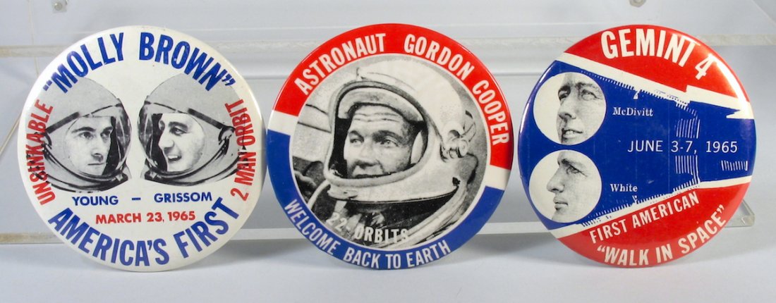 Astronaut Pinbacks 3 Warehouse Stock: Warehouse Stock Astronaut Pinbacks - Gemini 4 space walk, Gordon Cooper 22 Earth orbit, First 2 Man orbit Young & Grissom.